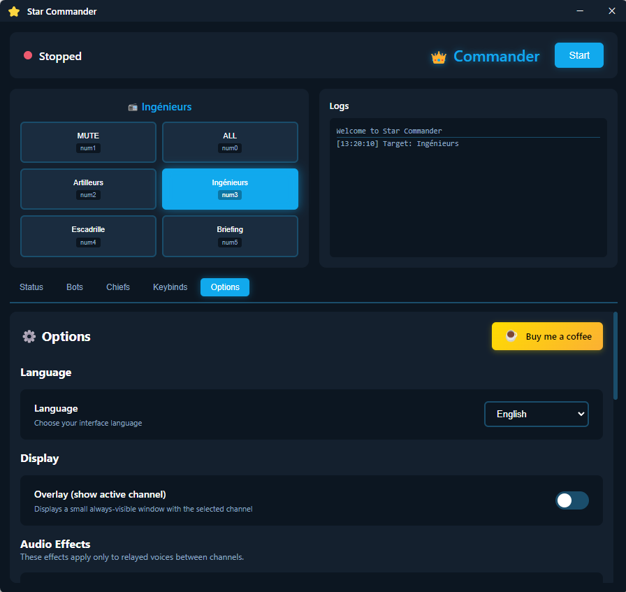 Panneau d'options et configuration